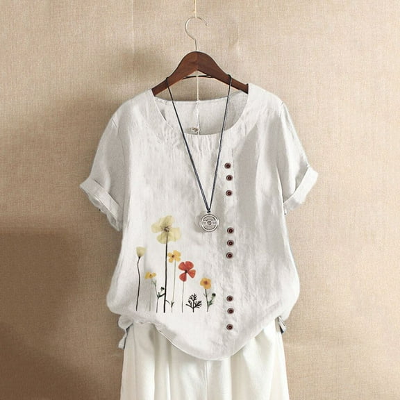 Rciityk Summer Women Cotton Linen Tshirt Tops Casual Loose Flowers Short Sleeve Plus Size Button Blouses