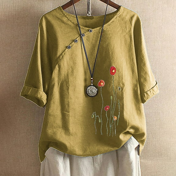 Rciityk Summer Women Cotton Linen Tshirt Tops Casual Loose Flowers Short Sleeve Plus Size Button Blouses