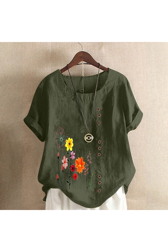 Summer Women Cotton Linen Tshirt Tops Casual Loose Trendy Flowers Tunic Tees Short Sleeve Plus Size Button Blouses