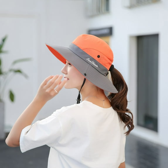 Rciityk Sun Hats for Women Women's Ponytail Bucket Hat Outdoors Sun Protection Mesh Wide Beach Fishing Hat with Chin-strap - Spring/Summer Savings Clearance