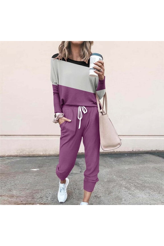 Sweatsuit for Women 2 Piece Plus Size Outfits Matching Long Sleeved Crew Neck and Long Pants Tracksuit Fall with Pockets