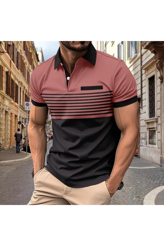 T Shirts for Man Casual Stripe Printed Button Short Sleeve Turndown Pullover T-Shirt Summer Fashion Workout Tee Top