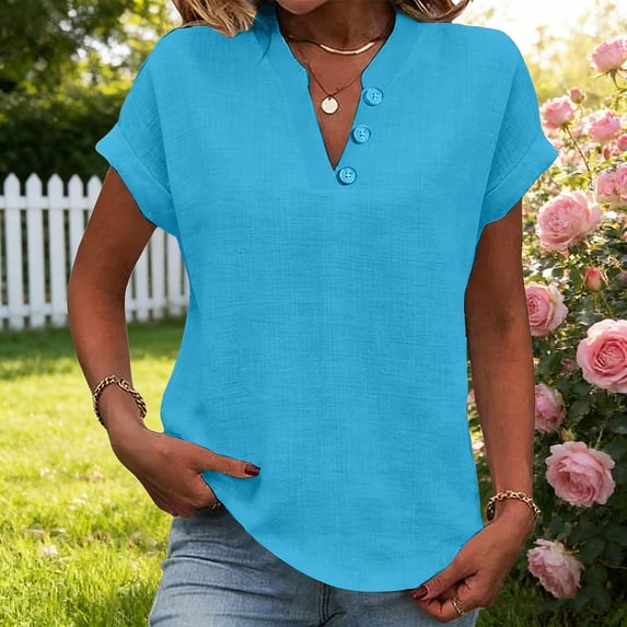 Rciityk T Shirts for Women Casual V Neck Button Short Sleeve Tops Solid Color Plus Size Cotton Linen Tee Beach Vacation Fashion