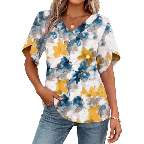 Rciityk T Shirts for Women Casual V Neck Ruffle Short Sleeve Tops Fashion Floral Print Classic-Fits Tunic Tee Beach Vacation Fashion