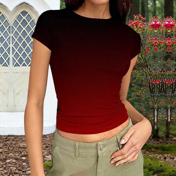 Rciityk T Shirts for Women Summer Crew Neck Short Sleeve Crop Tops Gradient Color Slim Fits Tee Blouses Beach Vacation Clothes