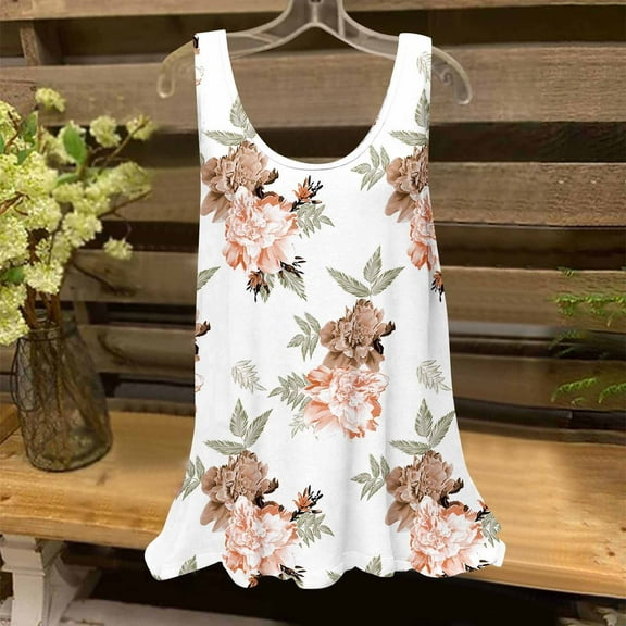 Rciityk Tank Top for Women Summer Round Neck Sleeveless Tunic Shirts Casual Loose Fits Floral Print Dressy Tees Beach Vacation Clothes