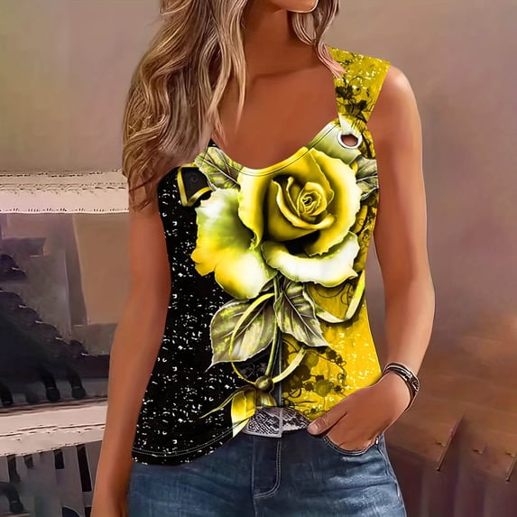 Rciityk Tank Tops Blouses for Women Printed Round Neck Casual Printed Sleeveless Suspender Top