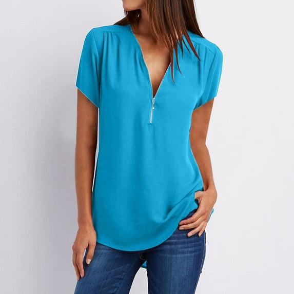Rciityk Tank Tops for Women 2024 Summer Short Sleeve Zip Casual Tunic V-Neck Rollable Blouse Tops