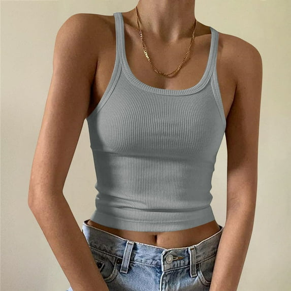 Rciityk Tank Tops for Women Spaghetti Strap Crew Neck Ribbed Basic Cami Shirts Solid Color Slim Camisole - Summer Savings Clearance