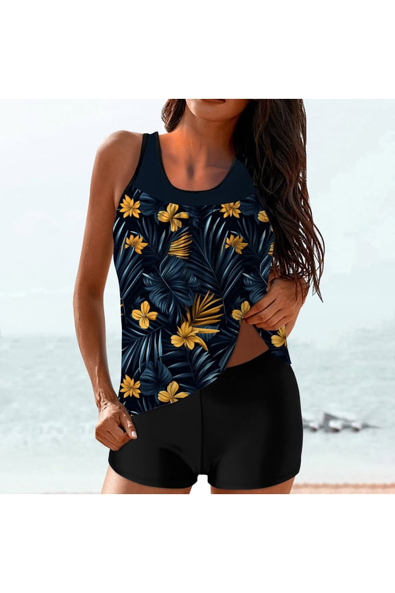 Tankini Bathing Suits for Women Two Piece Loose Fits Floral Printed Bathing Suits Summer Vacation Swimwear