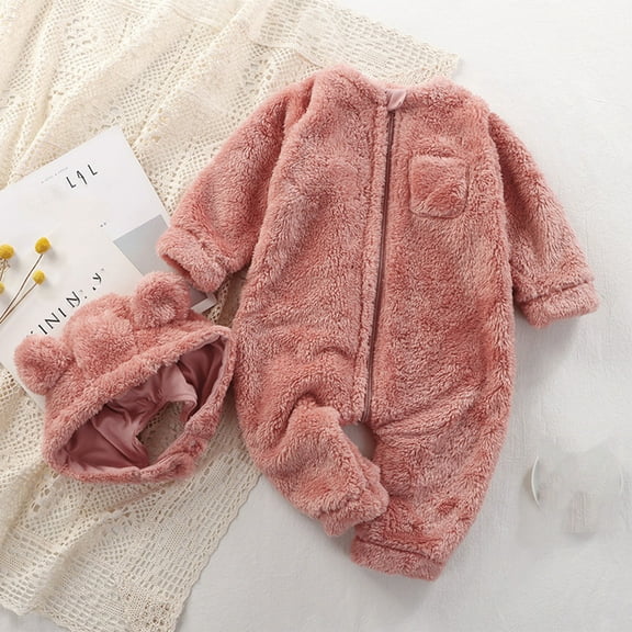 Rciityk Toddler Baby Girls Boys Fleece Footie Pajamas Romper Infant Baby Crewneck Warm Jumpsuit with Bear Ear Hat Soild Newborn Zip Front Pjs Babysuit