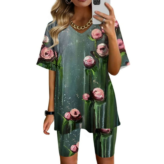 Rciityk Two Piece Outfits For Women Biker Shorts Sets Summer Plus Size V Neck Printed T-Shirt Workout Sports Tracksuit - Spring/Summer Savings Clearance