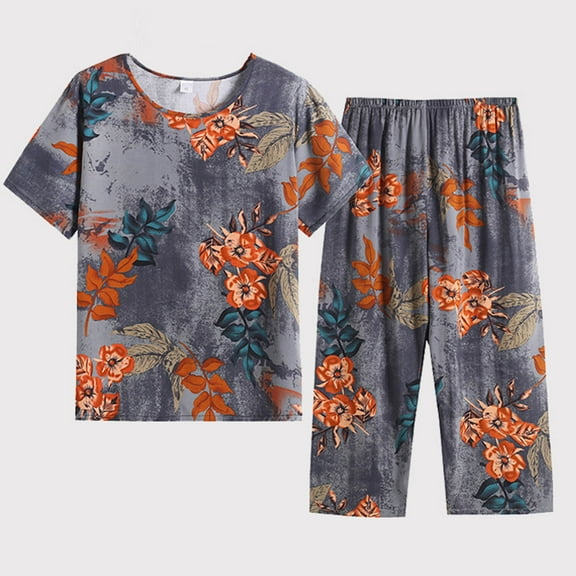Rciityk Two Piece Summer Sets for Women Pajamas Short Sleeved Pajamas Short Sleeved Cute Print Sleepwear Plus Size Pajamas