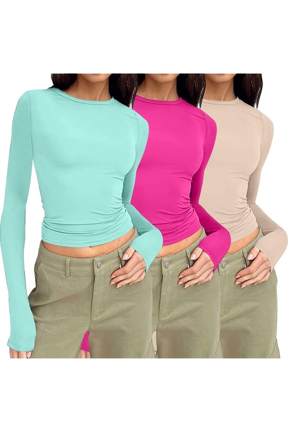 Underscrubs Long Sleeve Women Pullover Crew Neck Basic Tees Shirts Fall Outfits Solid Color Slim Fits Gym Workout Tops Khaki XS