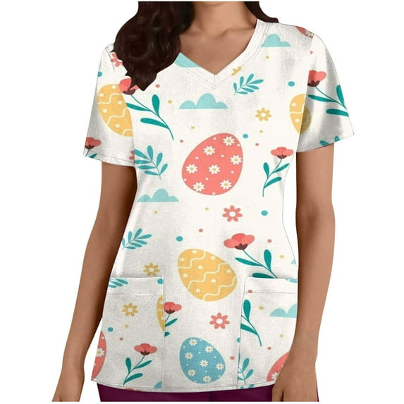 Rciityk V-Neck Scrub Top for Women Easter Print Summer Causal Loose V Neck T Shirts Nursing Uniform Top Regular Medicals Scrub Top with Pockets