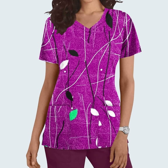 Rciityk V-Neck Scrub Tops for Women Casual Short Sleeve Working Uniform Summer Printed Scrub T Shirts Medicals Nursing Scrub Shirts with Pockets