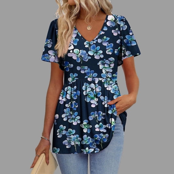 Rciityk V Neck T Shirts for Women Floral Printed Summer Tops Short Sleeve Shirts Trendy Casual Loose Pleated Dress Tunic Tops - Spring/Summer Savings Clearance