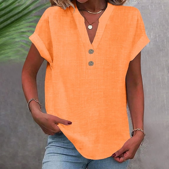 Rciityk V Neck T Shirts for Women Plus Size Summer Tops Fashion Solid Button Roll Short Sleeve Shirts Blouses