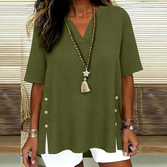 Rciityk V Neck T Shirts for Women Summer Cotton Linen Tops Solid Color Casual Loose Short Sleeve Shirt Side Slit with Button Fashion