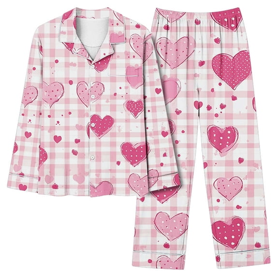 Rciityk Valentines Pjs Sets for Woman Cute Heart Print Long Sleeve Button Up Shirt Top with Long Pant Pajama Sets Lounges Ladies Pajamas Sets