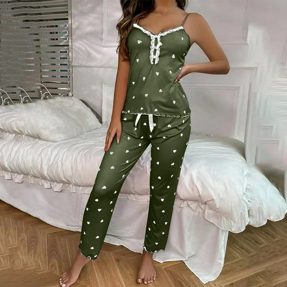 Rciityk Valentines Pjs Sets for Woman Cute Heart Print Spaghetti Strap Tank Tops with Pant Pajama Sets Lounges Ladies Pajamas Sets