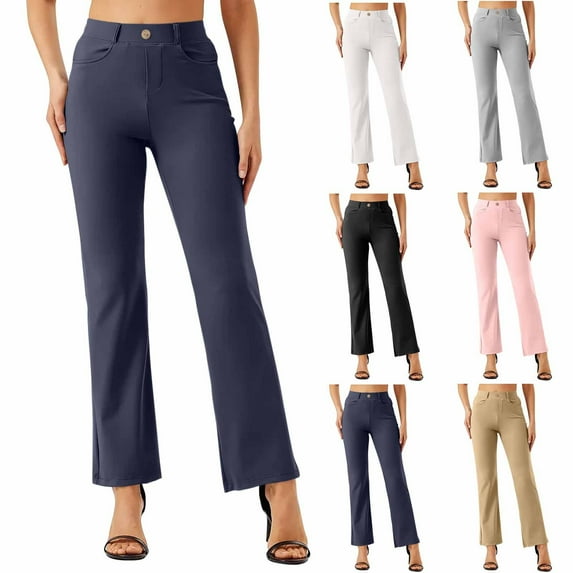 Rciityk White Casual Pants for Women Dressy Solid Color Elastic Waist Office Work Pants Stretchy Straight Leg Business Trousers with Pockets