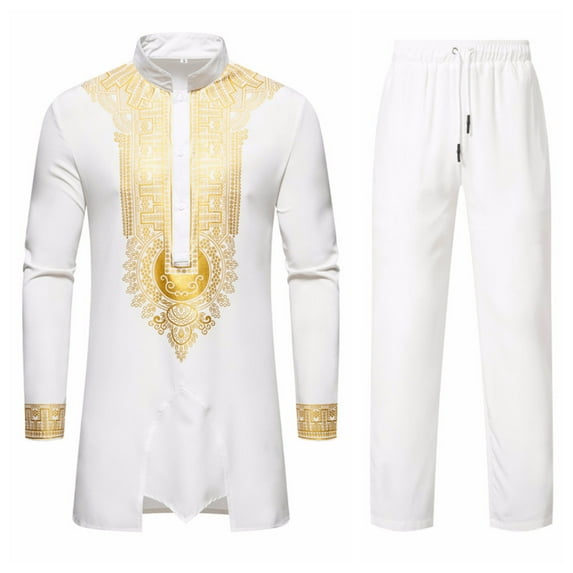 Rciityk White Men's Africa Suit Long Sleeve Print Dashiki and Pants Outfit Traditional 2 Piece Set