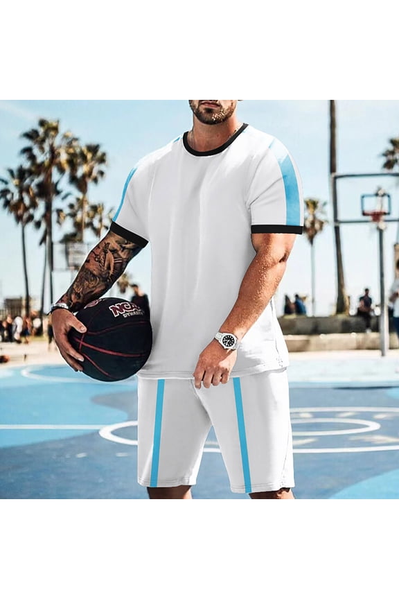 White Men's Short Sleeve Tracksuit Summer Crew Neck T Shirt and Shorts set Two Piece Casual Loose Daily Solid color 2 Piece Outfits