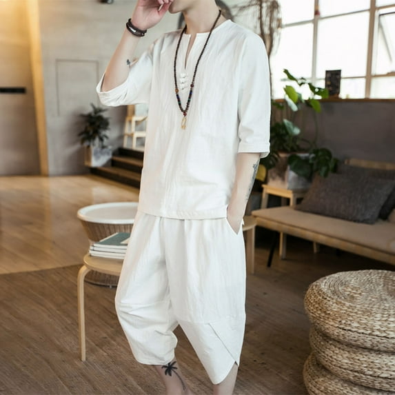Rciityk White Mens Short Sets 2 Piece Outfits Summer 3/4 Sleeve V Neck Button Tops and Seven-Quarter Pants Casual Loose Solid Linen Beach Set - Spring/Summer Savings Clearance