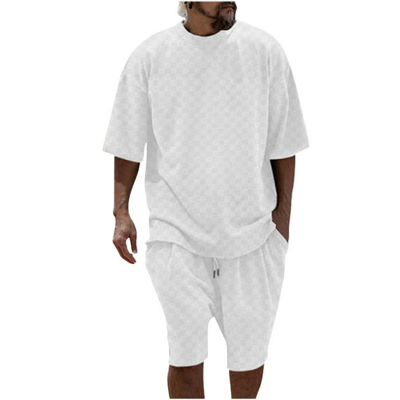 Rciityk White Mens Short Sets 2 Piece Outfits Summer Casual Loose Crew Neck Solid Short Sleeve Tee Shirts and Classic Sport Shorts Tracksuit