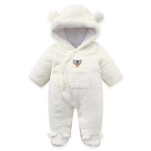 Rciityk White Newborn Baby Bear Ear Hooded Jumpsuit Solid Warm Button Up Footless Rompers Winter Casual Long Sleeve Warm Snowsuit for 0-6Months Christmas Gifts