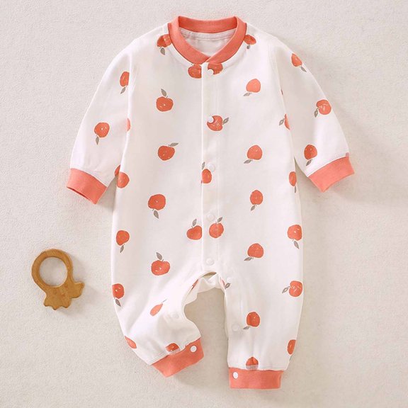 Rciityk White Newborn Baby Girls Boys Rompers Cute Printed Button Up Pajamas Jumpsuits Unisex Infant Long Sleeve Crewneck Jumpsuit Bodysuit