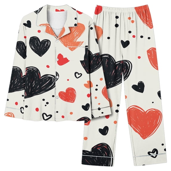 Rciityk White Valentines Pajamas for Women Ladies Pajamas Sets Casual Long Sleeve Cute Heart Print Button Up Casual Tops with Long Pants Pjs Sets