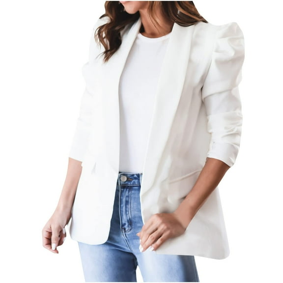 Rciityk White Women's Suit Blazer Fall Casual Lapel Puff Sleeves Blazers Fashion Solid Open Front Business Blazer Jacket