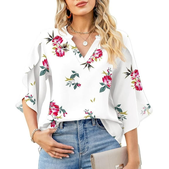 Rciityk White Womens 3/4 Sleeve Chiffon Tops Summer V Neck T-Shirt Casual Loose Printed Blouse