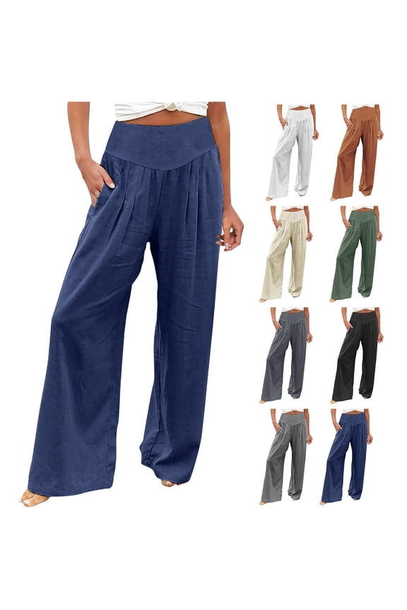 Wide Leg Pants for Women Casual Flowy Straight Pants Solid Color High Waist Drawstring Lounges Trousers with Pockets Navy M