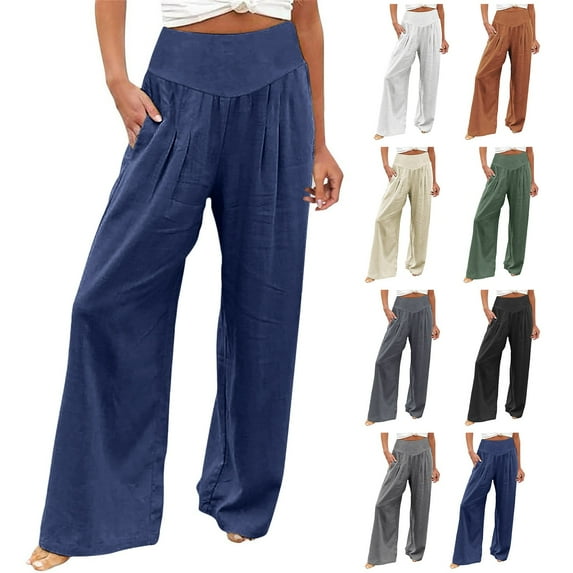 Rciityk Wide Leg Pants for Women Casual Flowy Straight Pants Solid Color High Waist Drawstring Lounges Trousers with Pockets