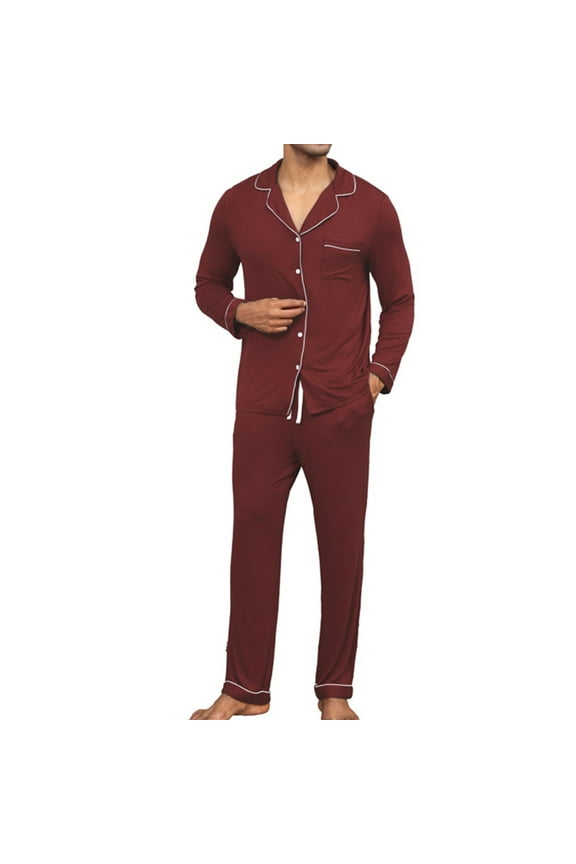 Wine Men's Cotton Pajamas Set Casual Solid Long Sleeve Lapel Button Top and Pants 2 Piece Pjs Gift for Father