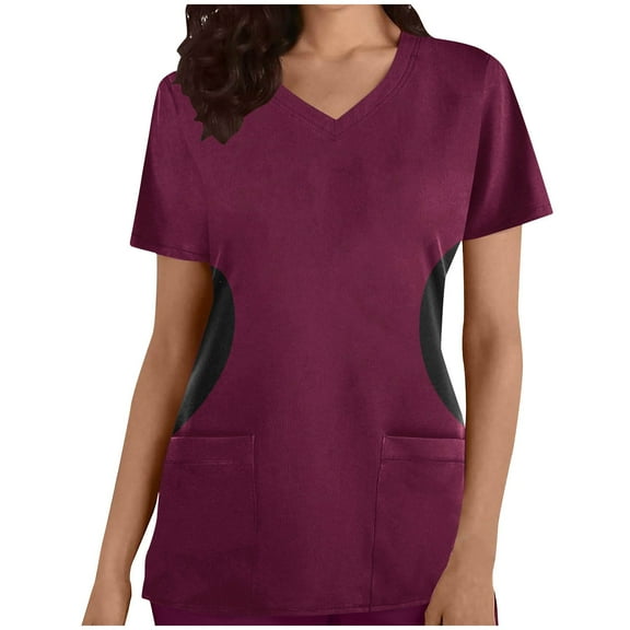 Rciityk Wine Scrub Tops Women Print Summer Causal Loose V Neck T Shirts Solid Color Patchwork Nursing Uniform Tops Regular Medicals Scrub Tops with Pockets