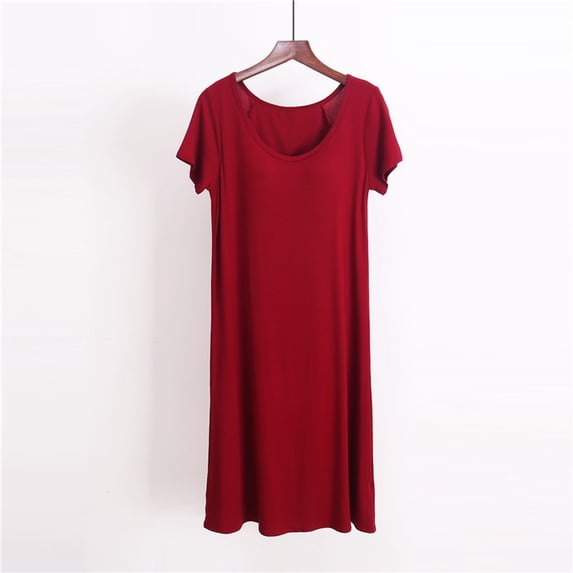 Rciityk Wine Women's Short Sleeve Nightgown Soft Cotton Solid Nightdress Crew Neck Midi Sleepshirt with Built-in bra