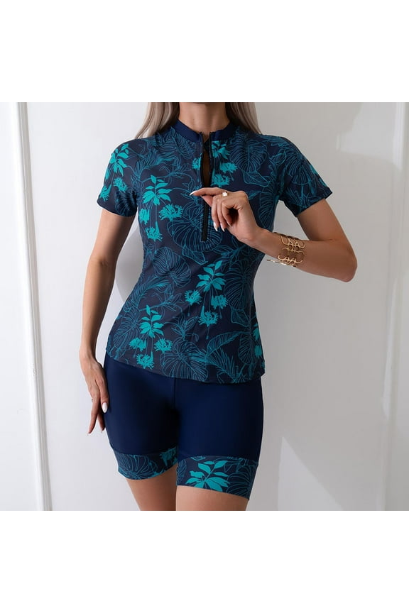 Women Two Piece Guard Short Sleeve Swimsuits UPF 50+ Swim Shirt Bathing Suit with Boyshort Bottom