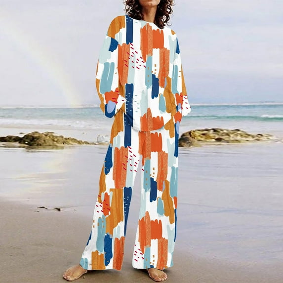 Rciityk Women's 2 Piece Fall Round Neck Long Sleeve Shirts and Wide Leg Pant Outfits Casual Loose Flower Printed Sets