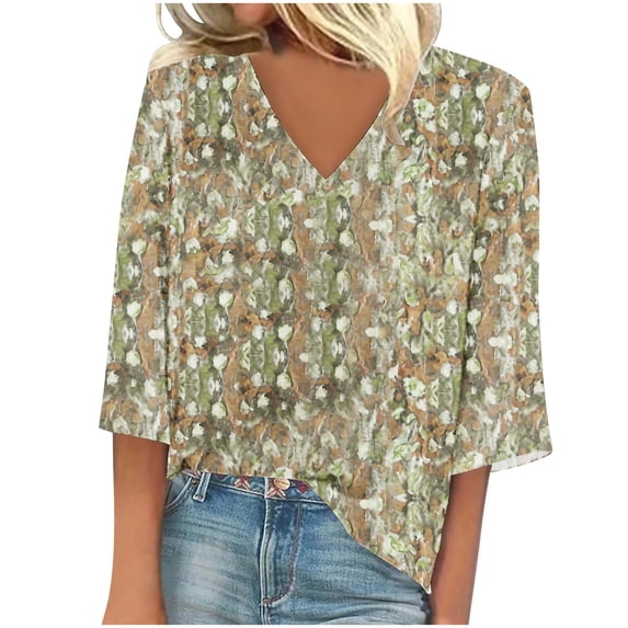 Rciityk Women's 3/4 Sleeve T-Shirts Blouses Printed Summer V-Neck Casual Three Quarter Sleeve Pullover Tops