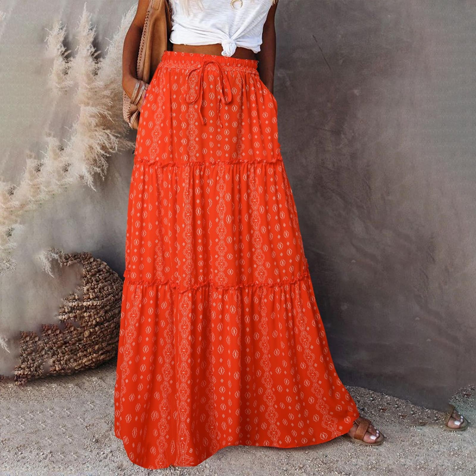 Women Summer A-Line Mesh Pleated Contrast Color Stretch High Waist Long Boho Skirt