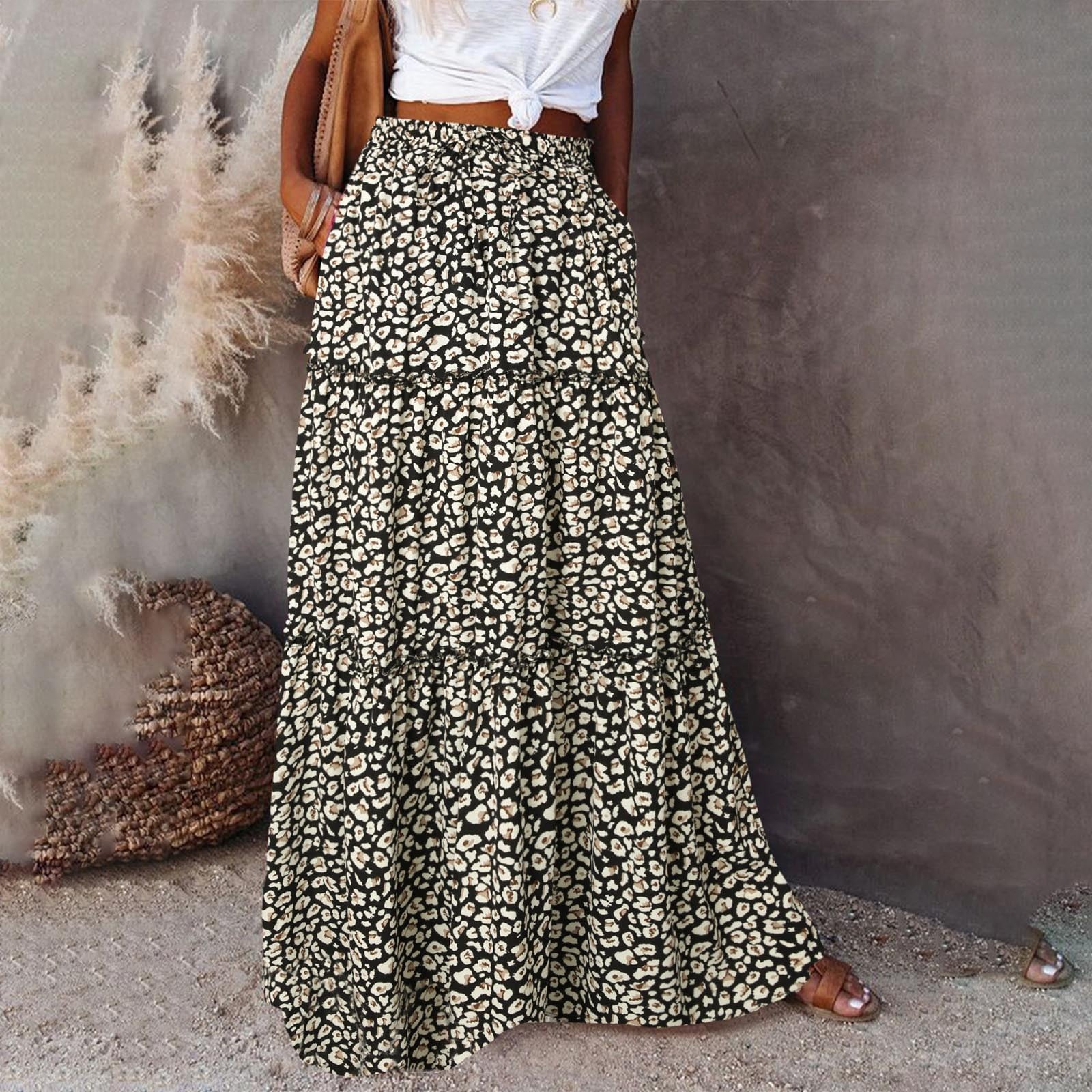Rciityk Women's Boho Vintage Floral Print Elastic High Waist Pleated A ...
