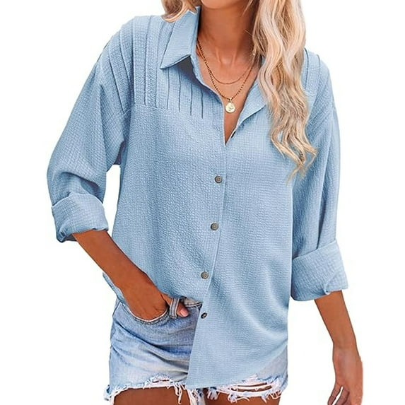 Rciityk Women's Button Up Shirts Fall Casual Pleated Long Sleeve Cardigan Tops Loose Turndown Collar Blouses