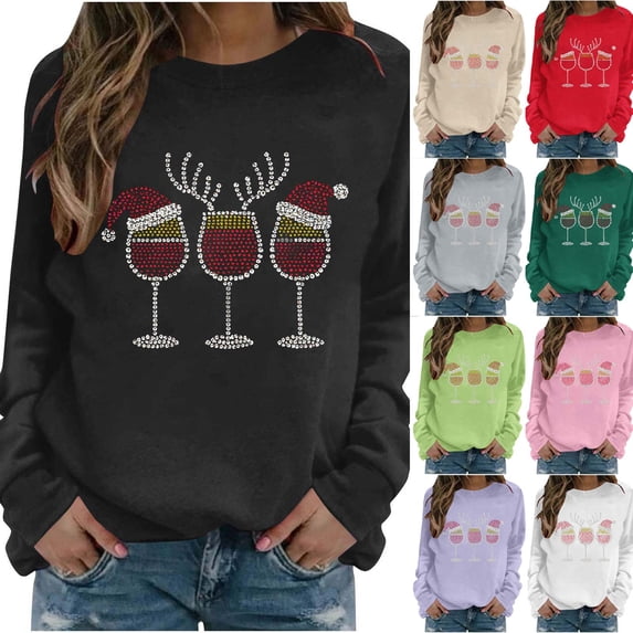 Rciityk Women's Christmas Rhinestone Wine Glass Sweatshirt, Casual Long Sleeve Crewneck Sweatshirts for Women, Size S-XXL