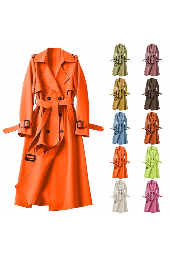 Women's Double Breasted Long Trench Coat Windproof Classic Lapel Slim Overcoat with Belt Casual Solid Color Dress Jacket with Pockets Fall Fashion Outfits