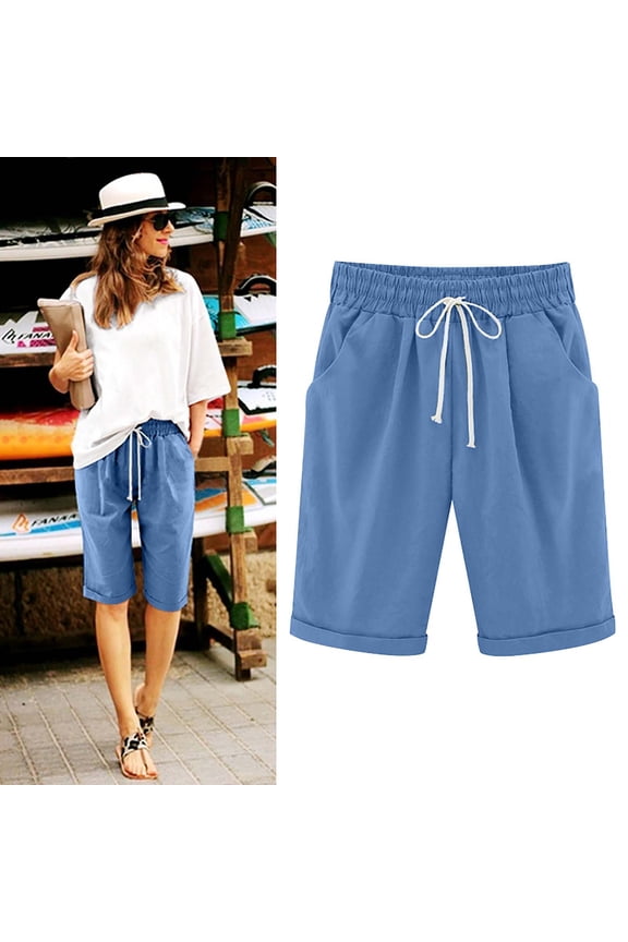 Women's Elastic Waist Shorts Comfy Knee-Length Bermuda Shorts Solid Color Drawstring Short Summer Casual Beach Shorts with Pockets