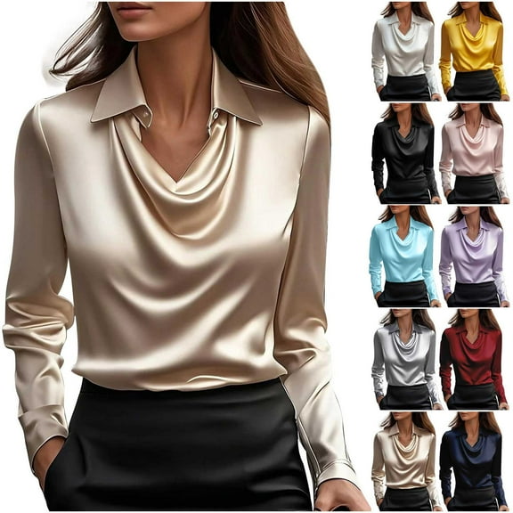 Rciityk Women's Elegant Satin Silk Blouse Solid Color Cowl Neck Ruched Front Draped Casual Long Sleeve Work Office Shirt Top Blue XL